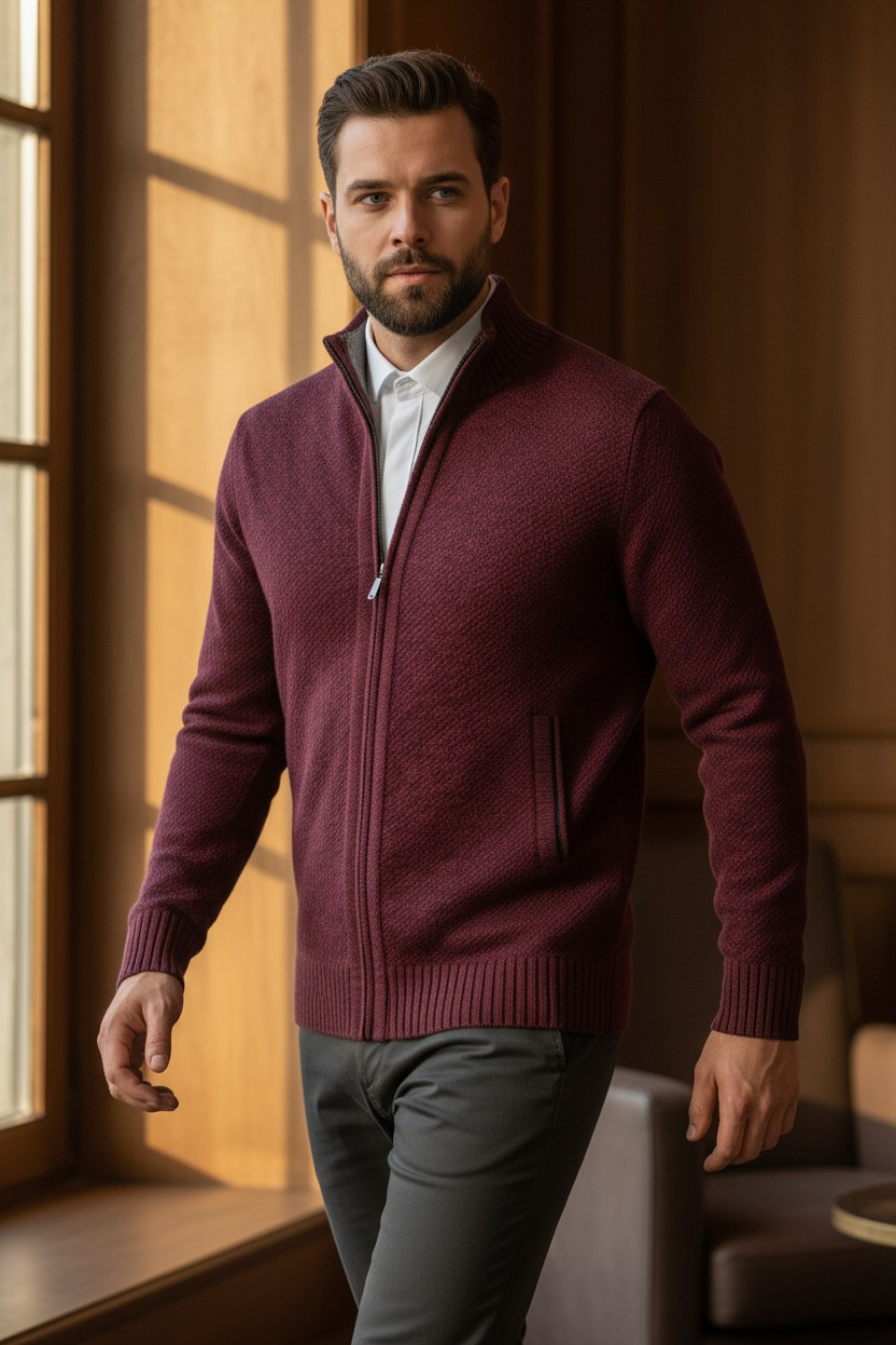Liam's Klassieke Fleece Zip Sweater met Opstaande Kraag